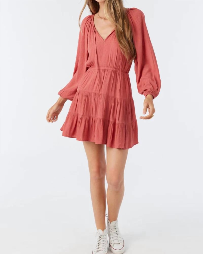 Front of a model wearing a size Large Harla Dress in Dusty Cedar in Dusty Cedar by O'NEILL. | dia_product_style_image_id:338327